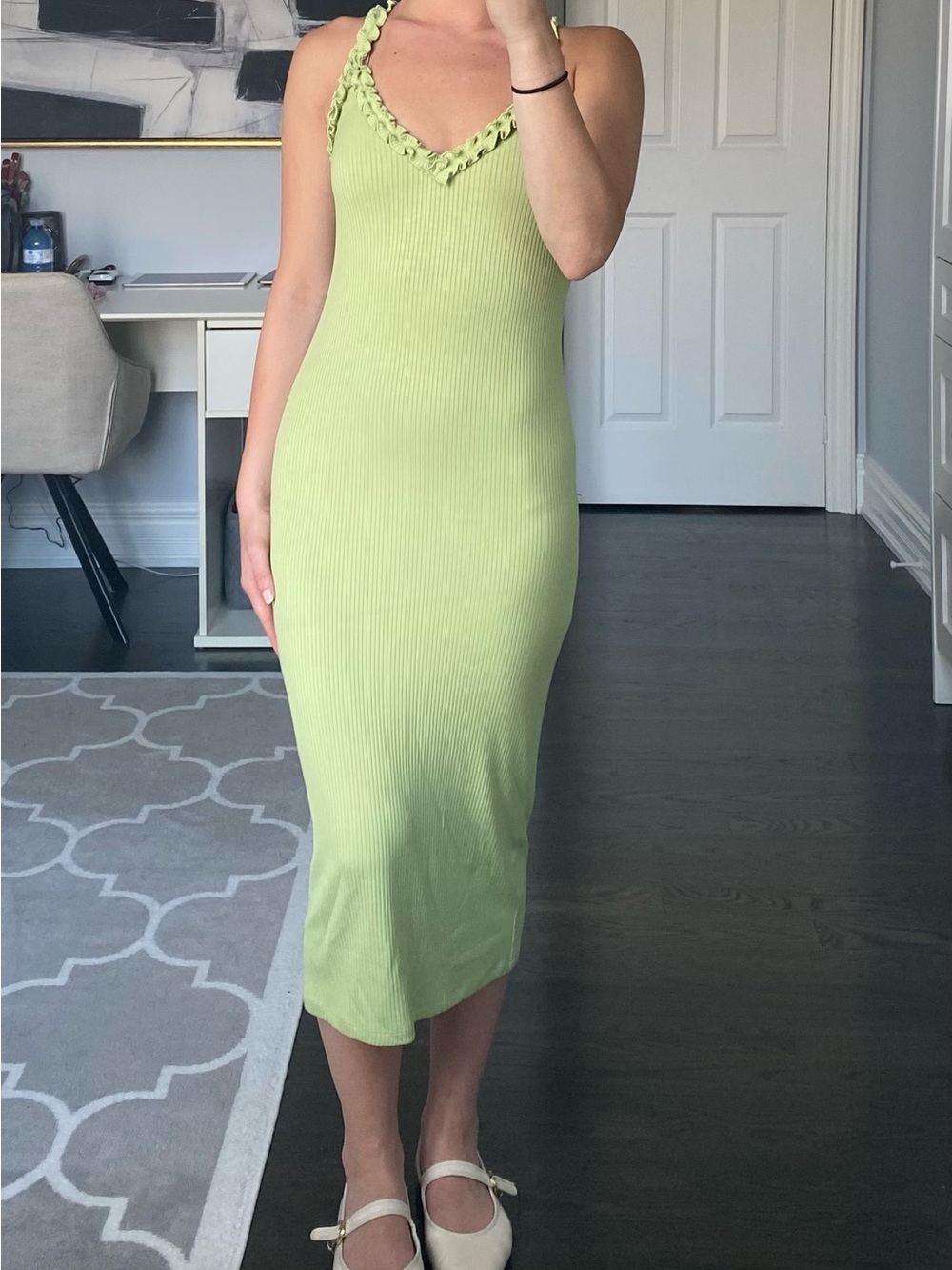 Aritzia Lime Ribbed Midi Dress with Braided Straps